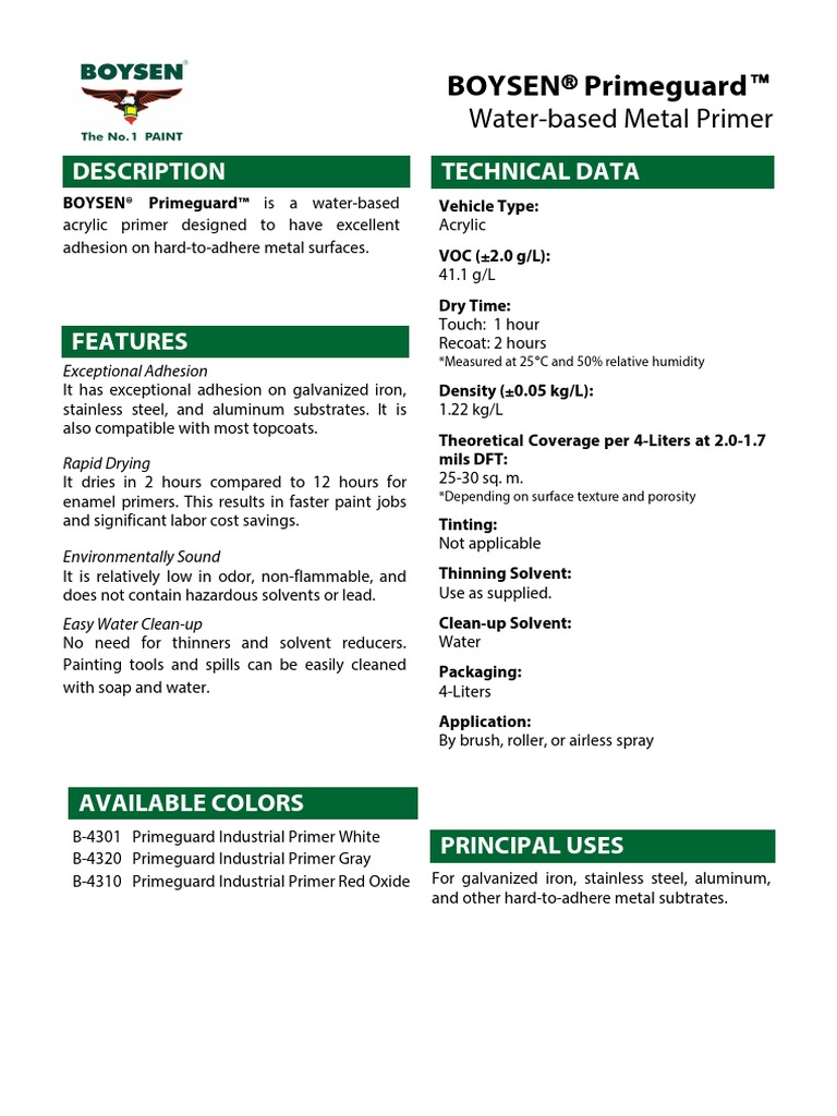 Boysen Primeguard Description Technical Data PDF Paint