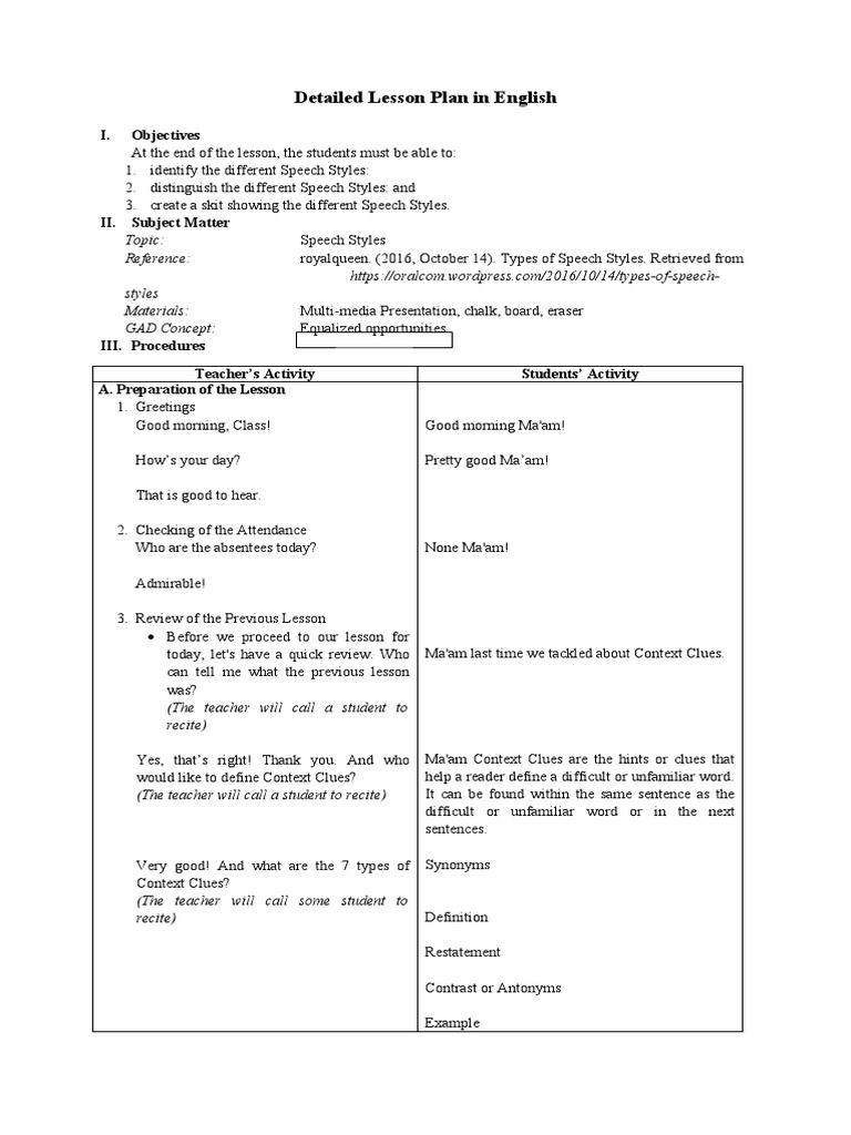 Detailed Lesson Plan in English: I. Objectives | PDF | Speech ...
