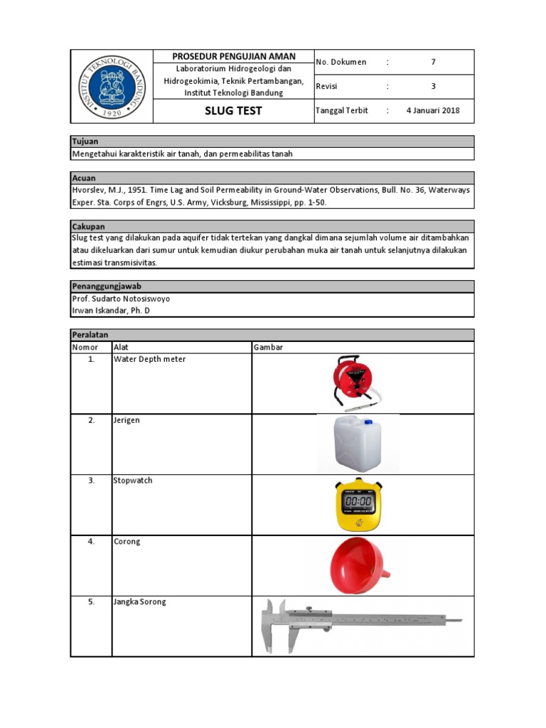 Prosedur Slug Test untuk Aquifer | PDF | Metode & Bahan Ajar | Sains ...
