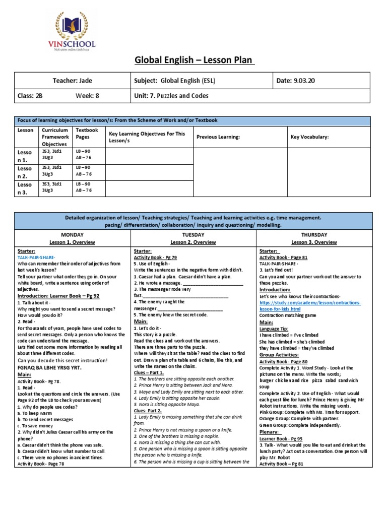 ESL Puzzles & Codes Lesson Plan | PDF | Lesson | Educational Assessment