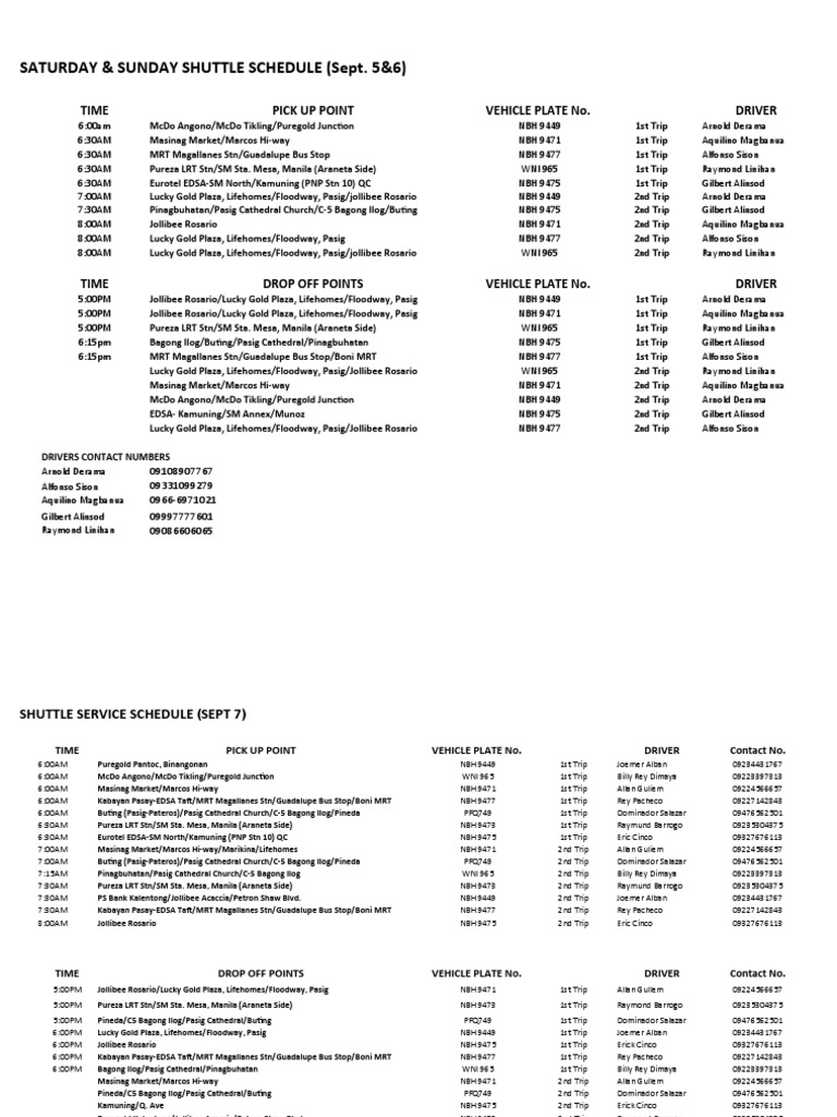 Shuttle Service (As of Sept 4) | PDF | Business