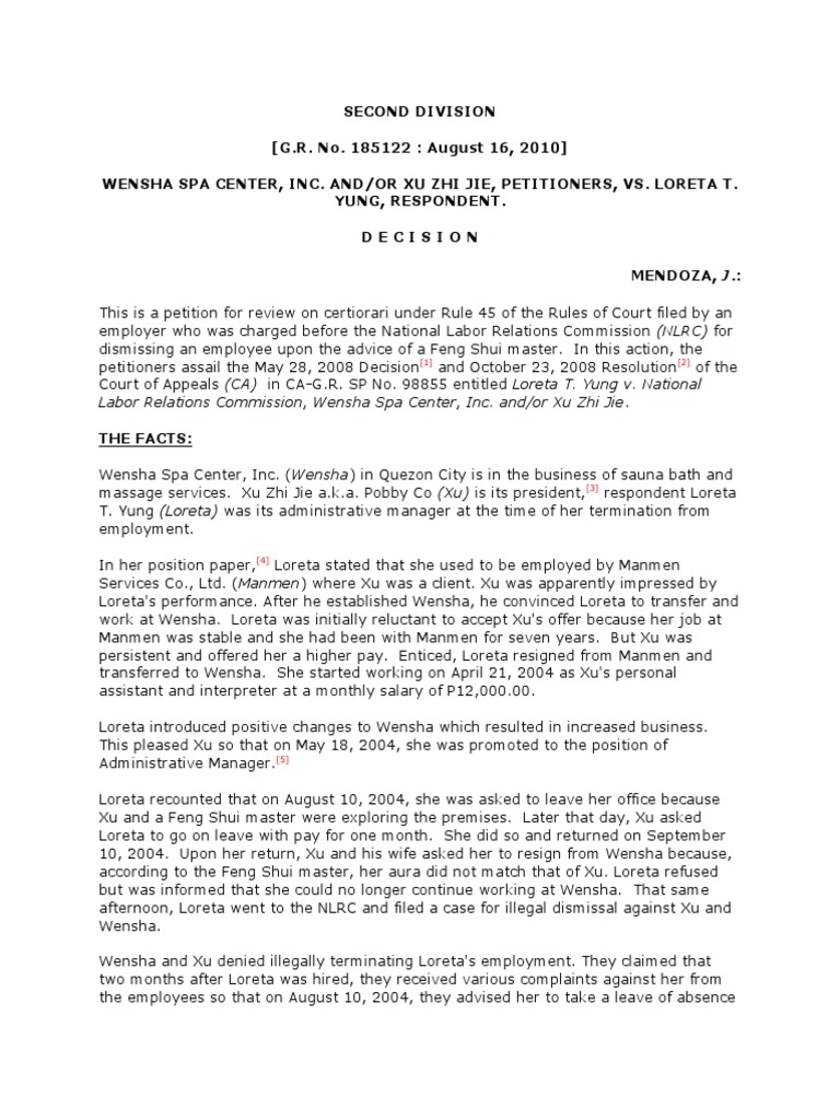 Wensha spa center inc v yung 628 scra 311 pdf guarantee employment