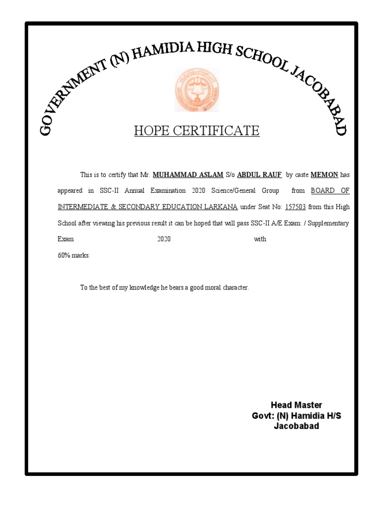 Hope Certificate
