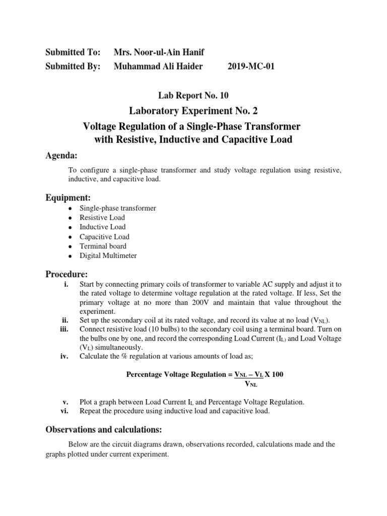 Voltage Regulation of Single-Phase Transformer | PDF | Transformer ...
