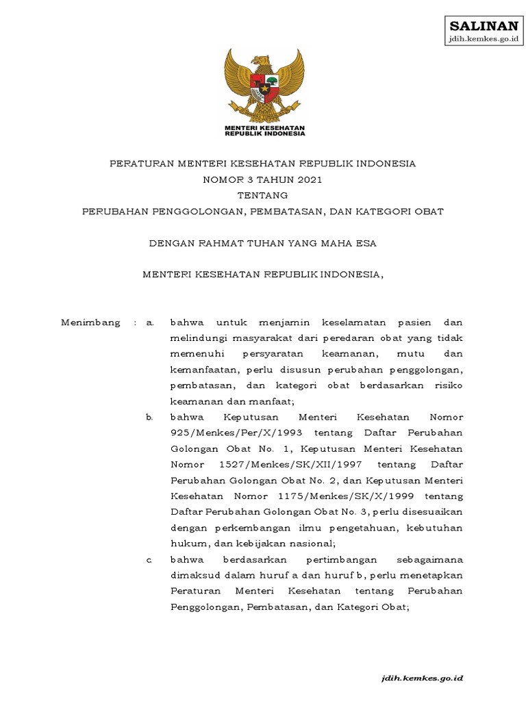 PMK No. 3 TH 2021 TTG Perubahan Penggolongan, Pembatasan, Dan Kategori
