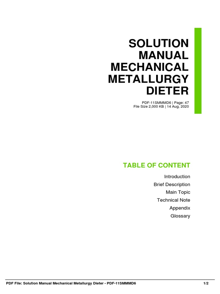 Solution Manual Mechanical Metallurgy Dieter: Table of Content | PDF