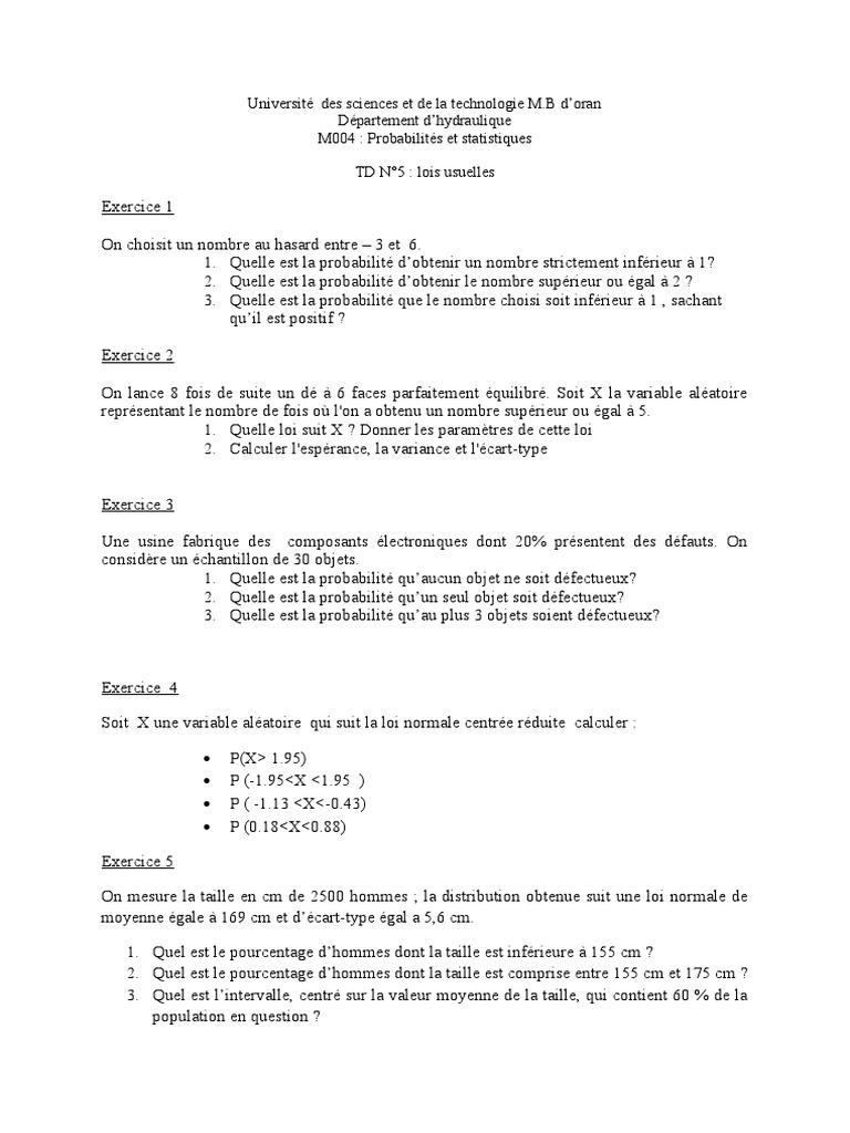 Probabilités et Statistiques : Exercices TD5 | PDF