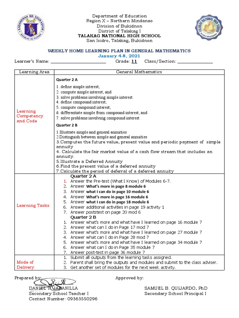 Weekly Learning Plan: General Mathematics | PDF | Present Value | Interest