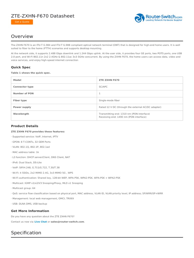 ZTE-ZXHN-F670 Datasheet: Quick Spec | PDF | Wi Fi | Optical Fiber