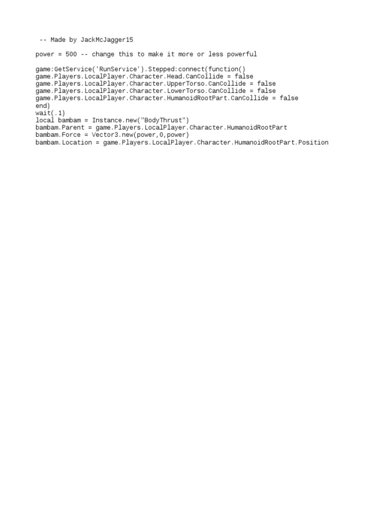Script for Flying in Roblox Using BodyThrust and Disabling Collision | PDF