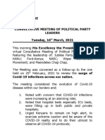 PRESS RELEASE: CONSULTATIVE MEETING OF POLITICAL PARTY LEADERS Tuesday, 16th March, 2021