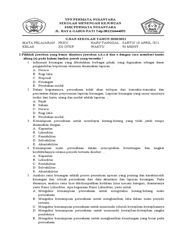 Ujian PKKU SMK Permata Nusantara 2021 | PDF