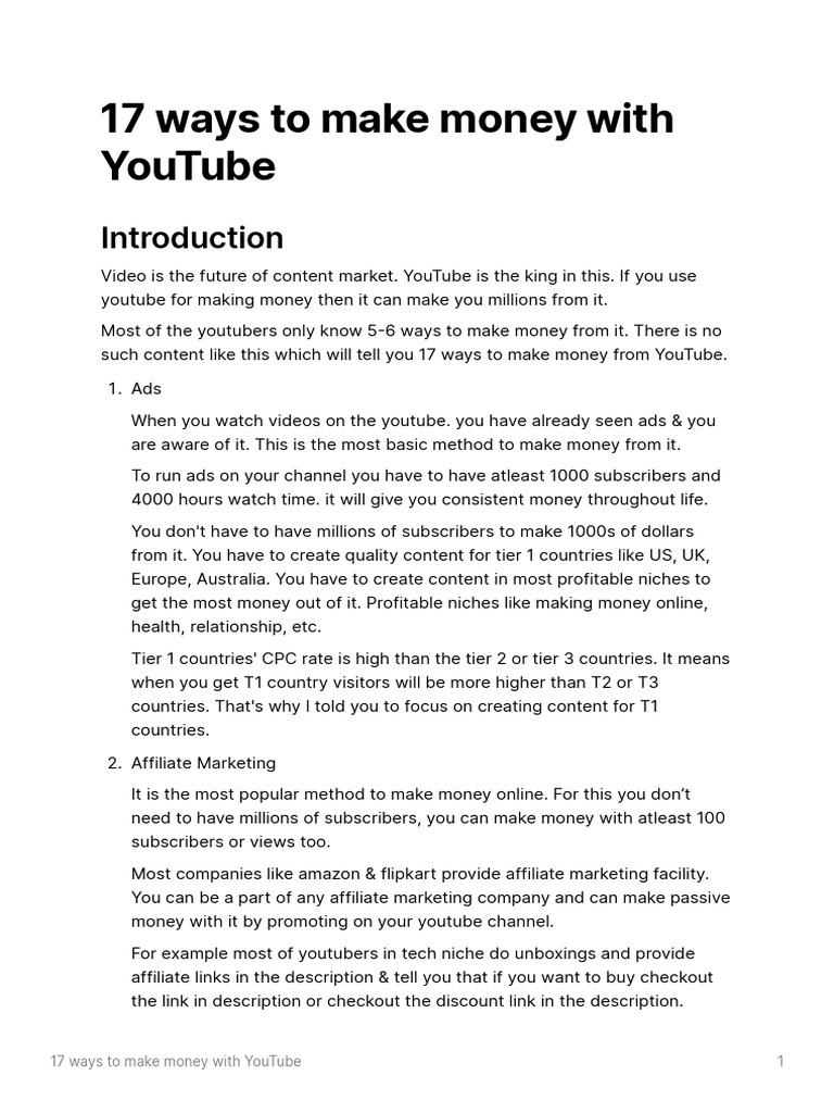 17 Ways to Monetize Your YouTube Channel | PDF | You Tube | Affiliate ...
