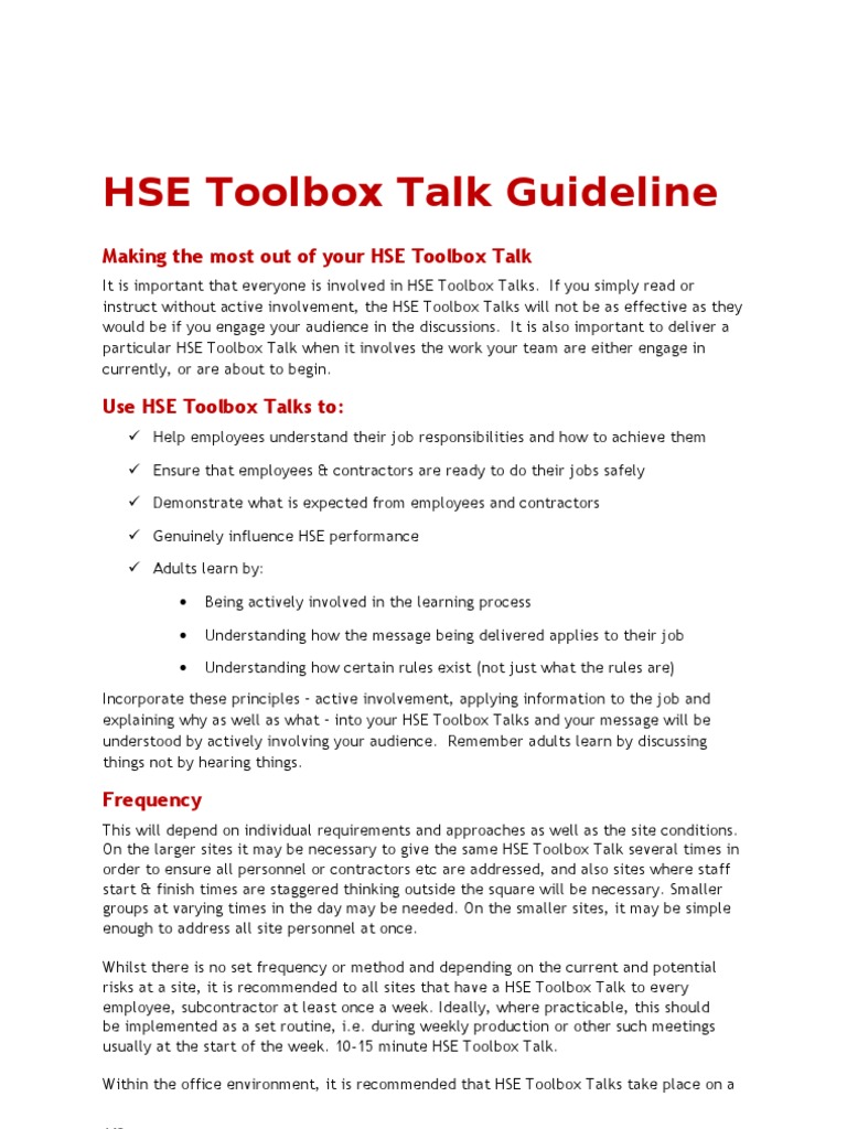 HSE Toolbox Talk Guideline PDF Employment Learning
