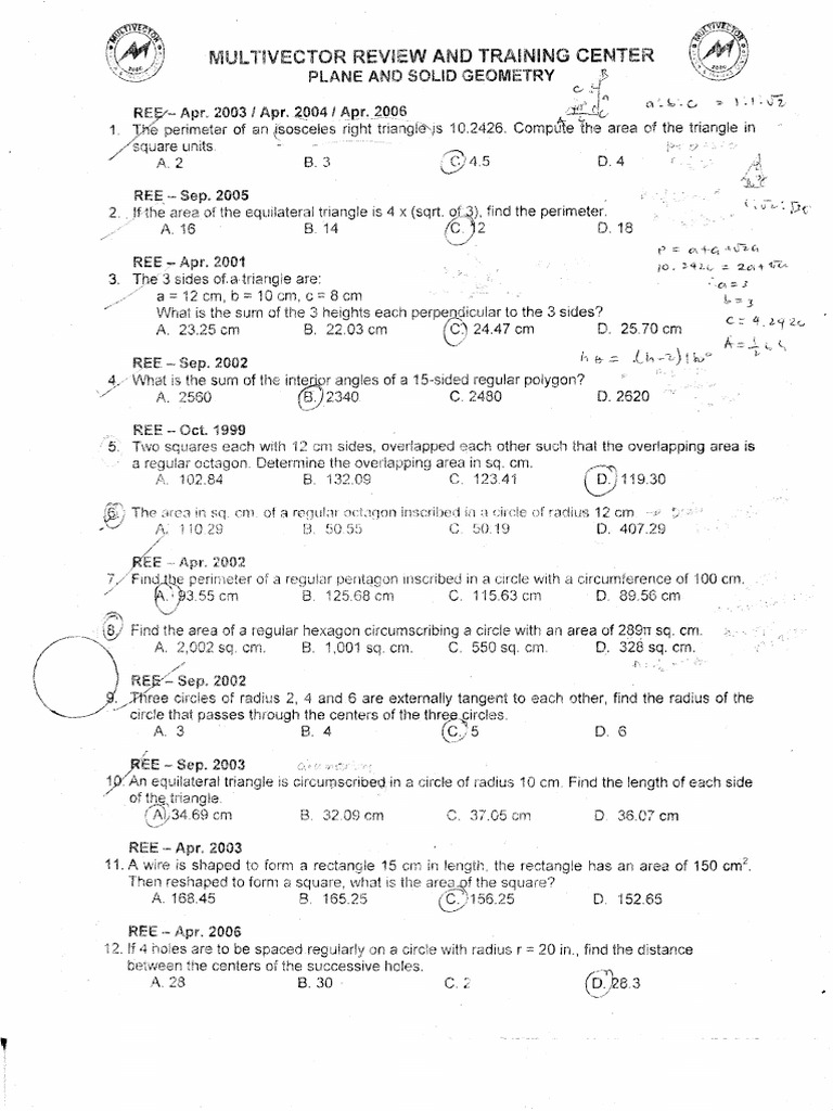 Geometry Problem Set Overview | PDF | Area | Circle