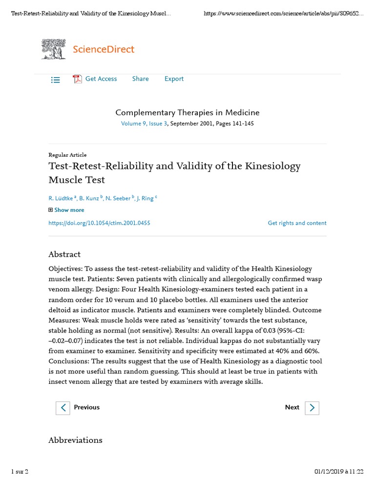 TestRetestReliability and Validity of The Kinesiology Muscle Test