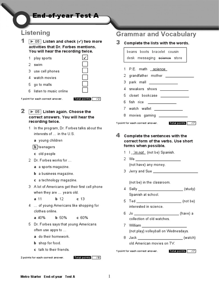 Metro Starter End-Of-Year Test A | PDF | Linguistic Morphology ...