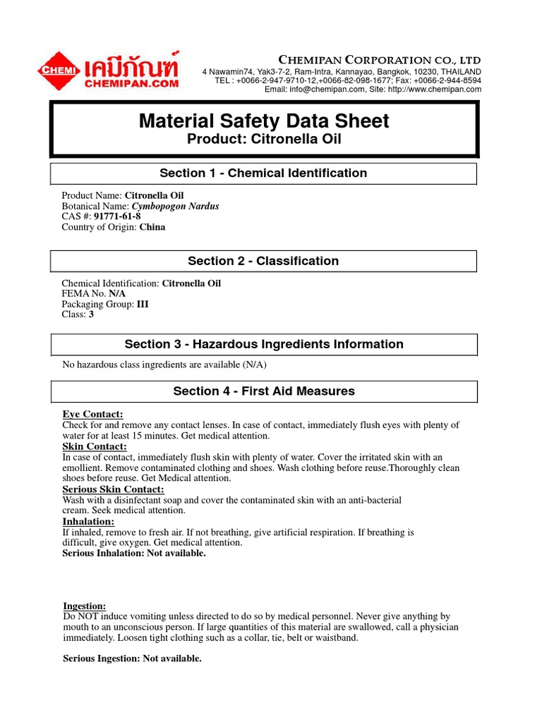 Material Safety Data Sheet Product Citronella Oil PDF Toxicity