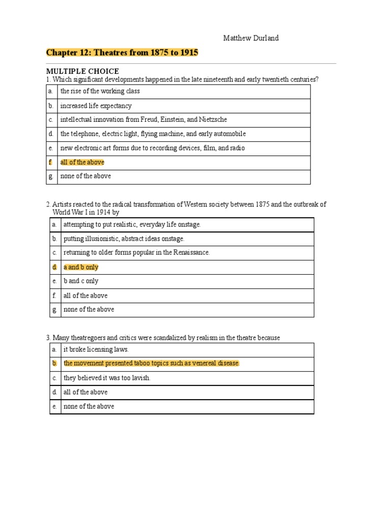 Chapter 12 Quiz PDF PDF Theatre Performing Arts