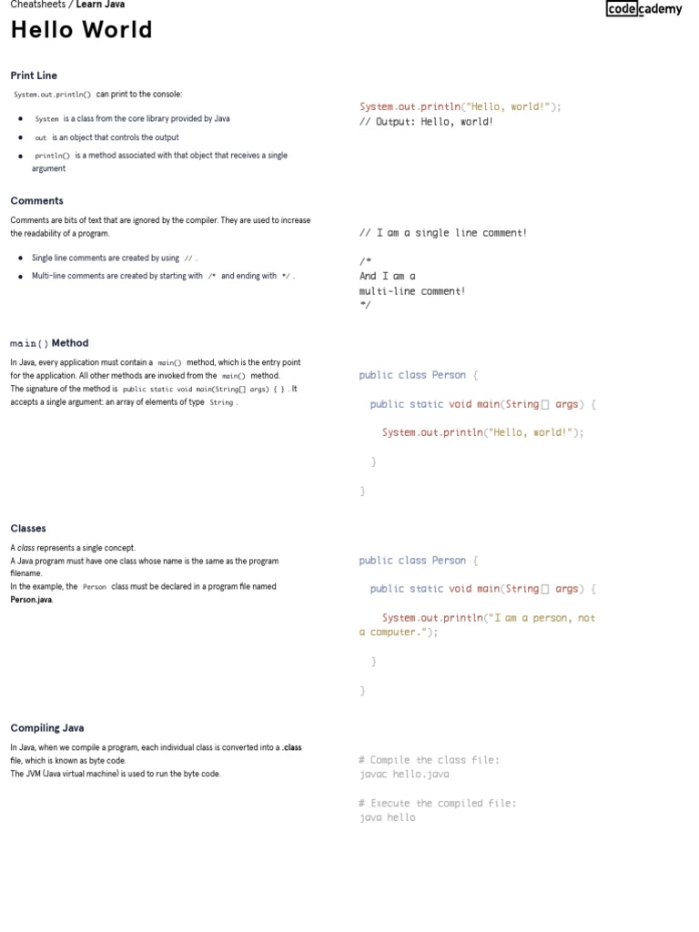 Learn Java - Hello World Cheatsheet - Codecademy | PDF