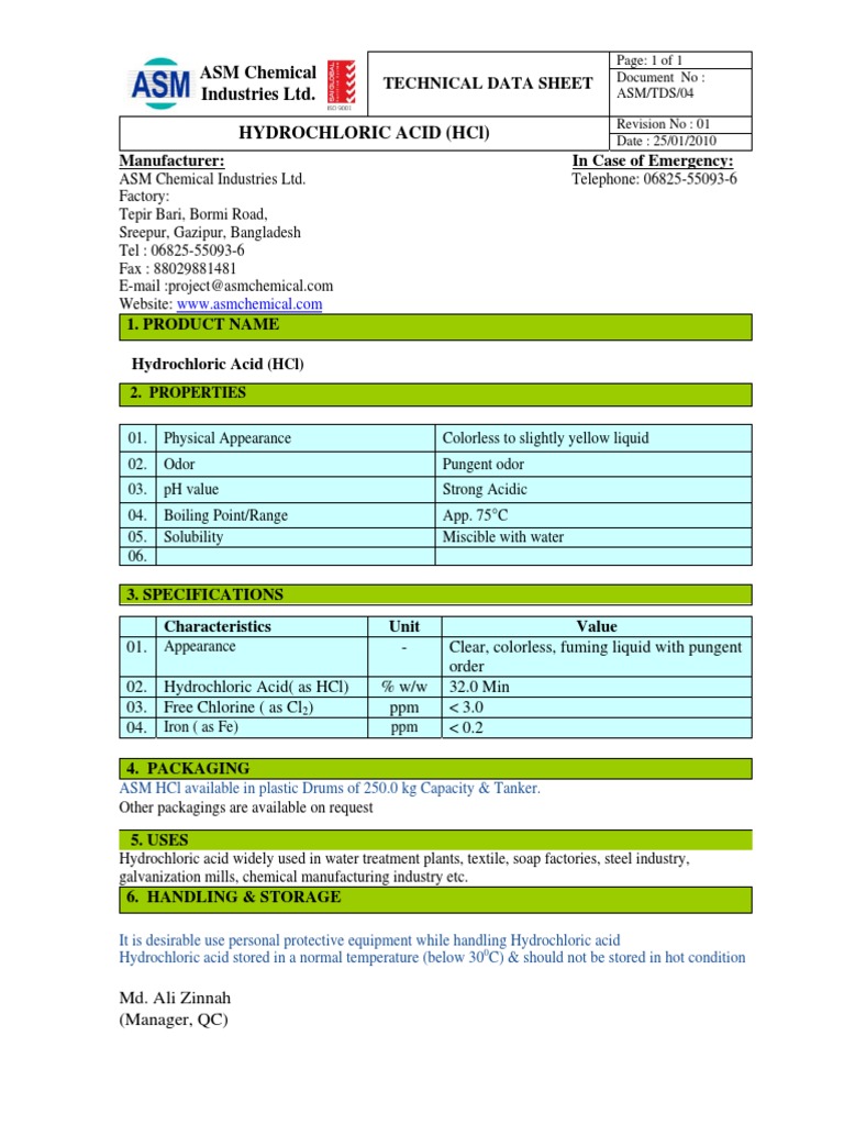ASM Chemical Industries Ltd. Hydrochloric Acid (HCL) : 2. Properties | PDF