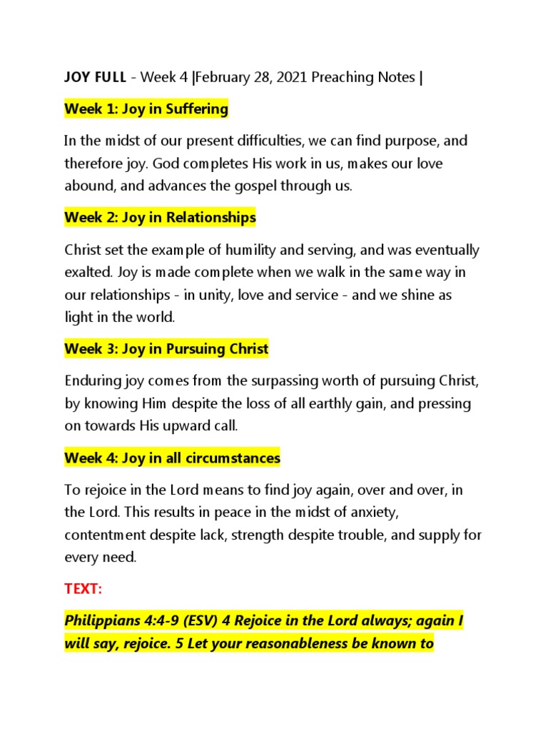 JOY FULL Week 4 February 28, 2021 Preaching Notes Week 1 Joy in