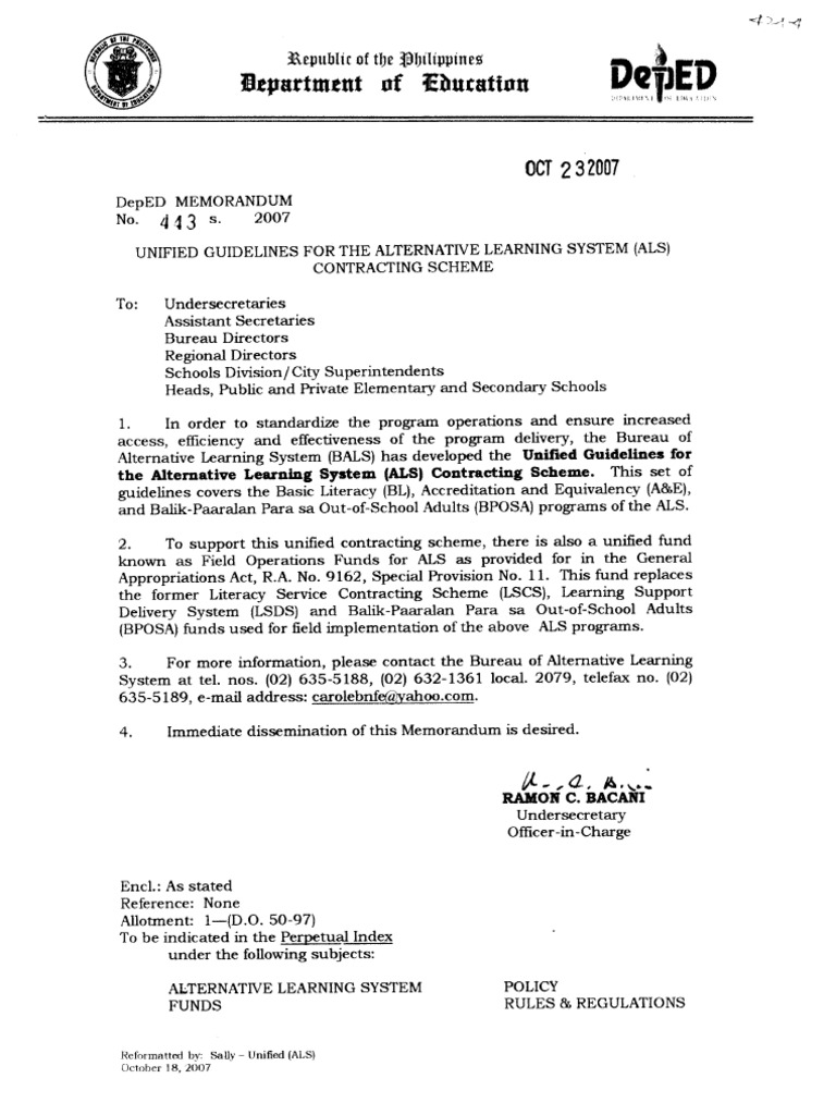 DepEd Memo - Unified Guidelines For The Alternative Learning System ...