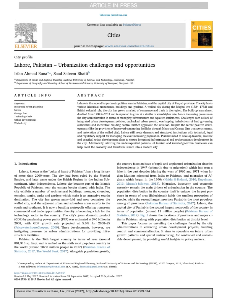 Lahore, Pakistan Urbanization Challenges and Opportunities PDF