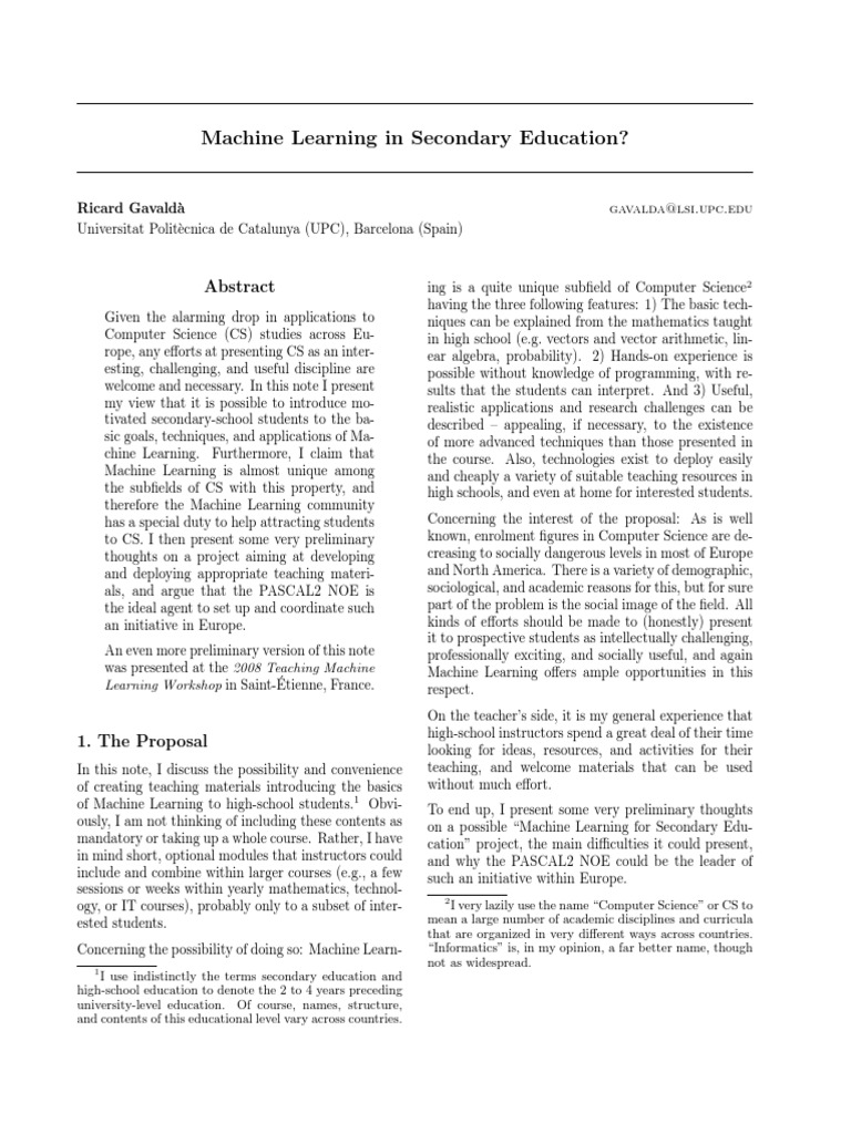 Introducing Machine Learning in High Schools | PDF | Statistical ...