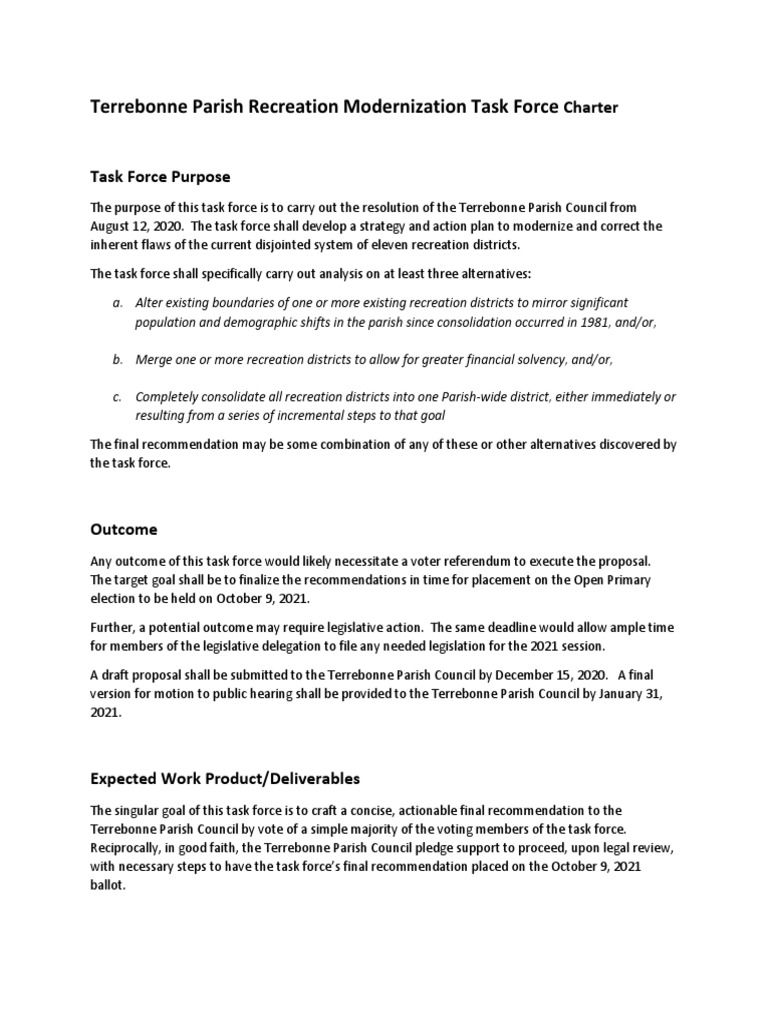 Terrebonne Parish Recreation Modernization Task Force Charter | PDF ...