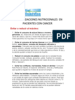 RECOMENDACIONES NUTRICIONALES  EN PACIENTES CON CANCER