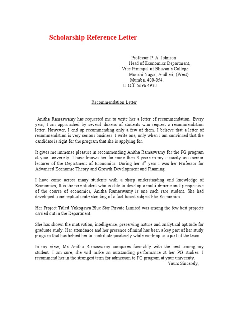 Scholarship Reference Letter Template 5 PDF