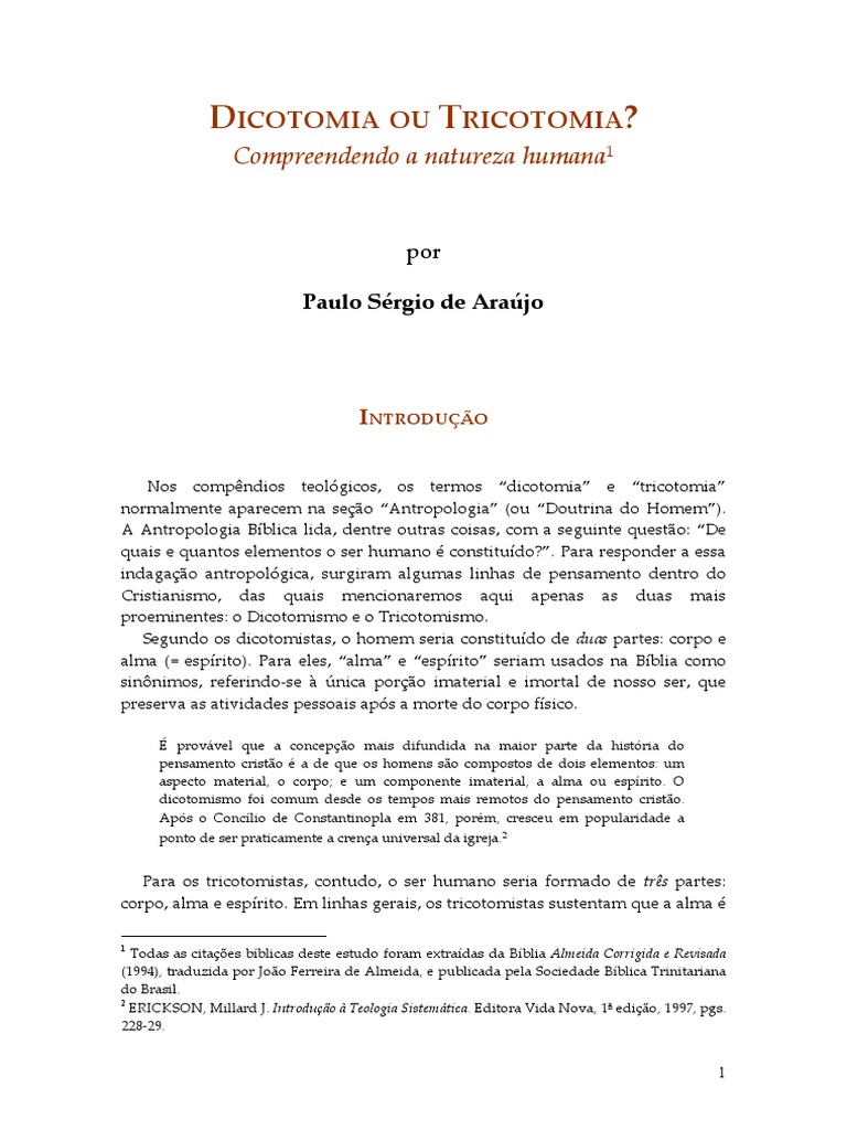 Dicotomia e Tricotomia na Teologia | PDF | Espírito | Alma
