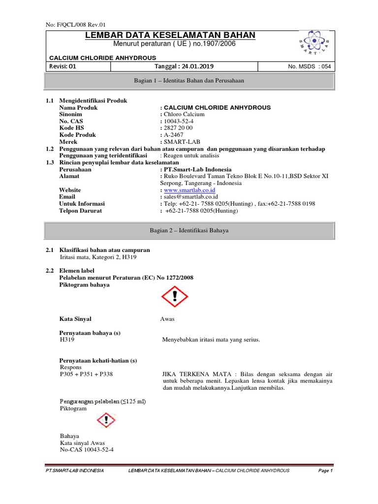 MSDS Calcium Chloride Anhydrous (Fused) (Indo) PDF