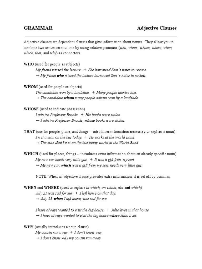 Adjective Clause Exercises and Examples | PDF | Adjective | Human ...
