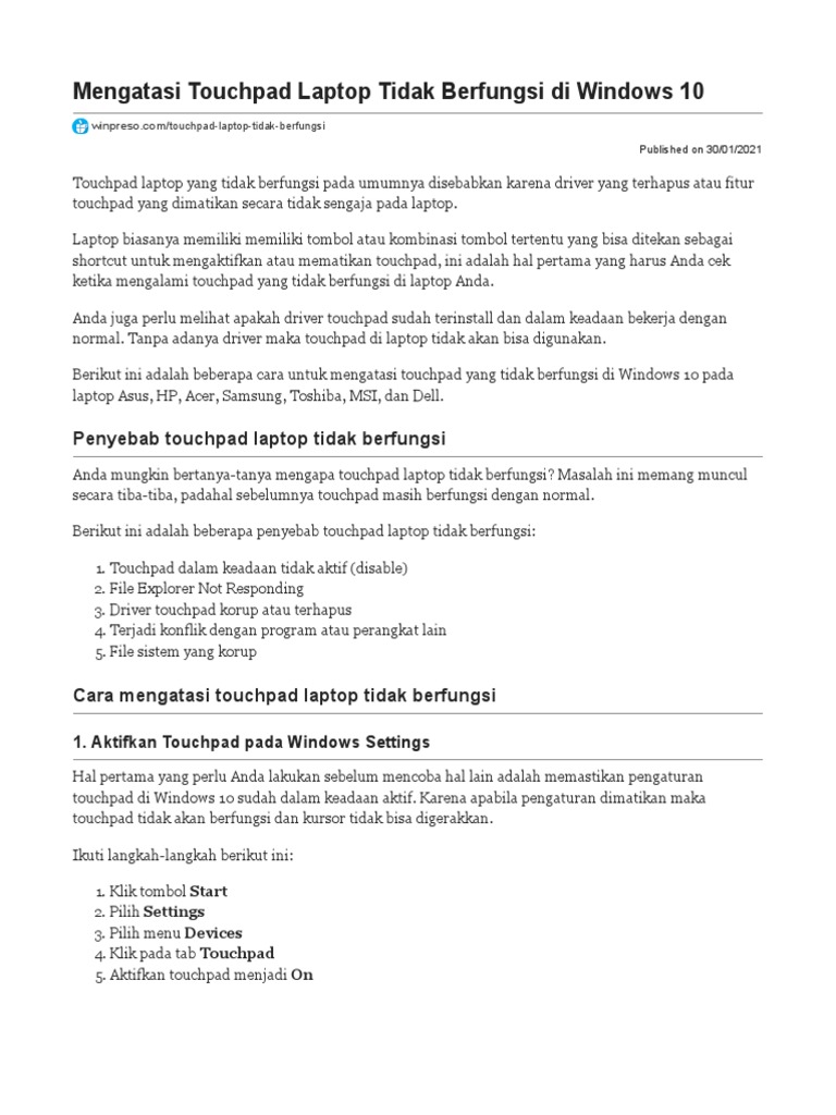 Mengatasi Touchpad Laptop Tidak Berfungsi Di Windows 10 PDF