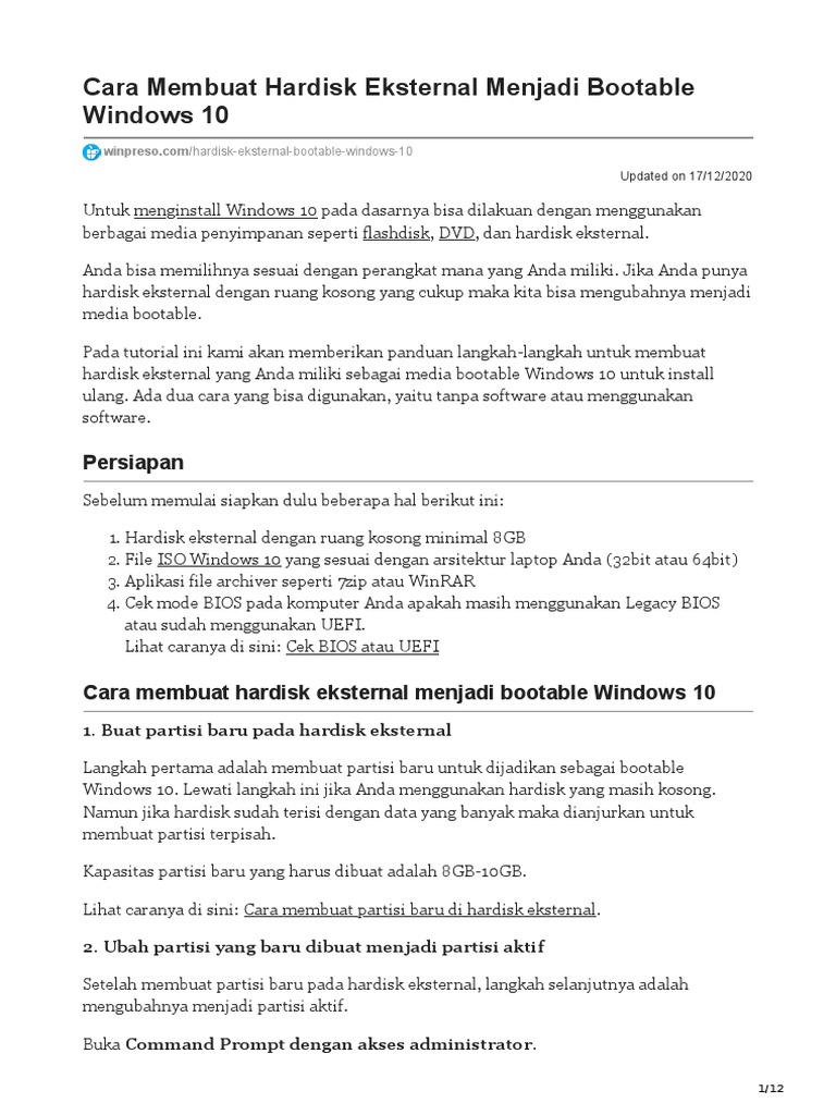 Cara Membuat Hardisk Eksternal Menjadi Bootable Windows 10 | PDF