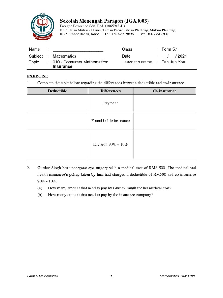 Form 5 Consumer Mathematics Guide | PDF | Deductible | Life Insurance