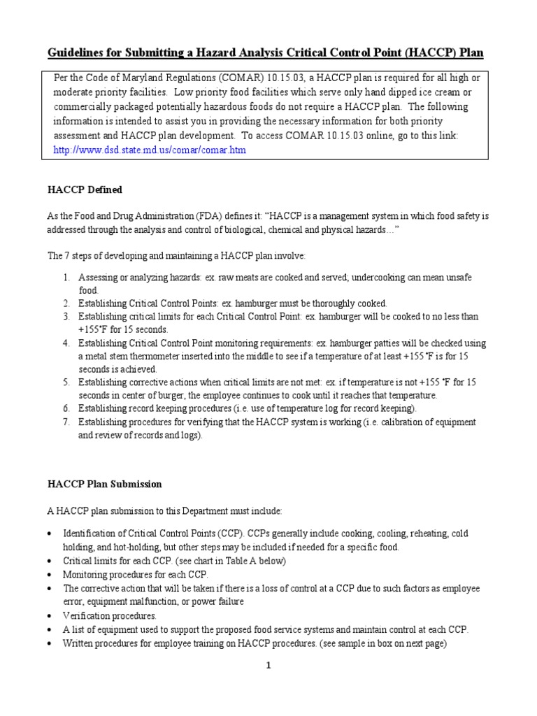 Hazard Analysis Critical Control Point (HACCP) Plan Submission 