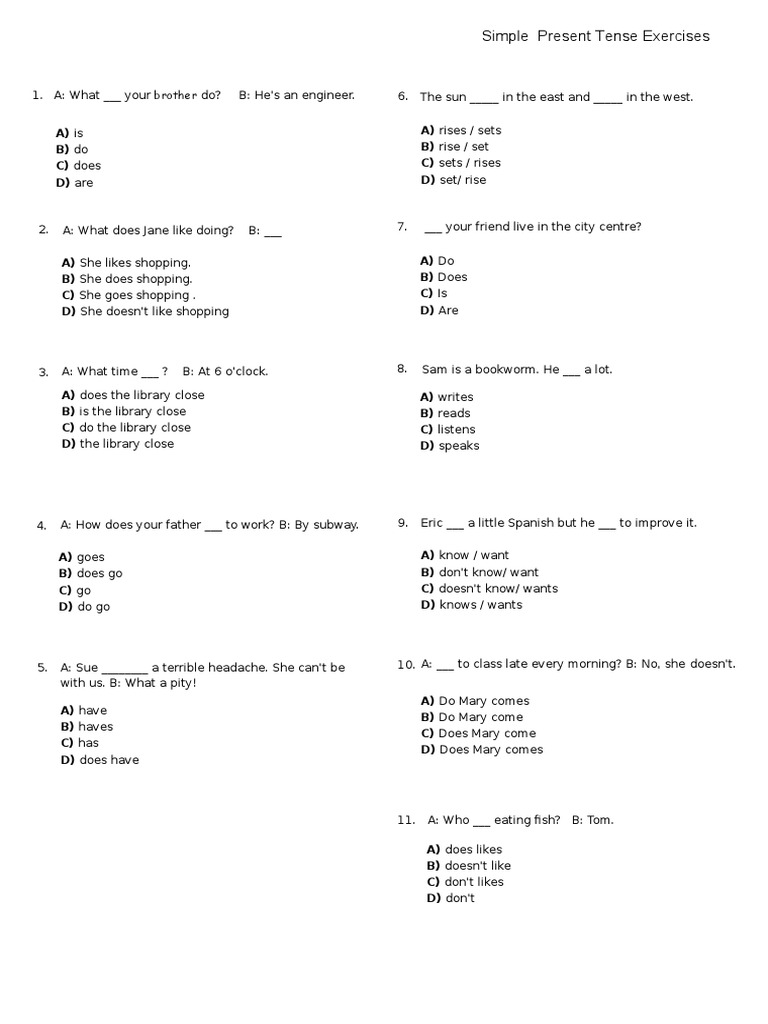 Present Simple Tense Exercises A1-A2 | PDF