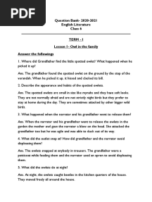 Question Bank-2020-2021 English Literature Class 6 Term - I Lesson 1 - Owl in The Family Answer The Followings