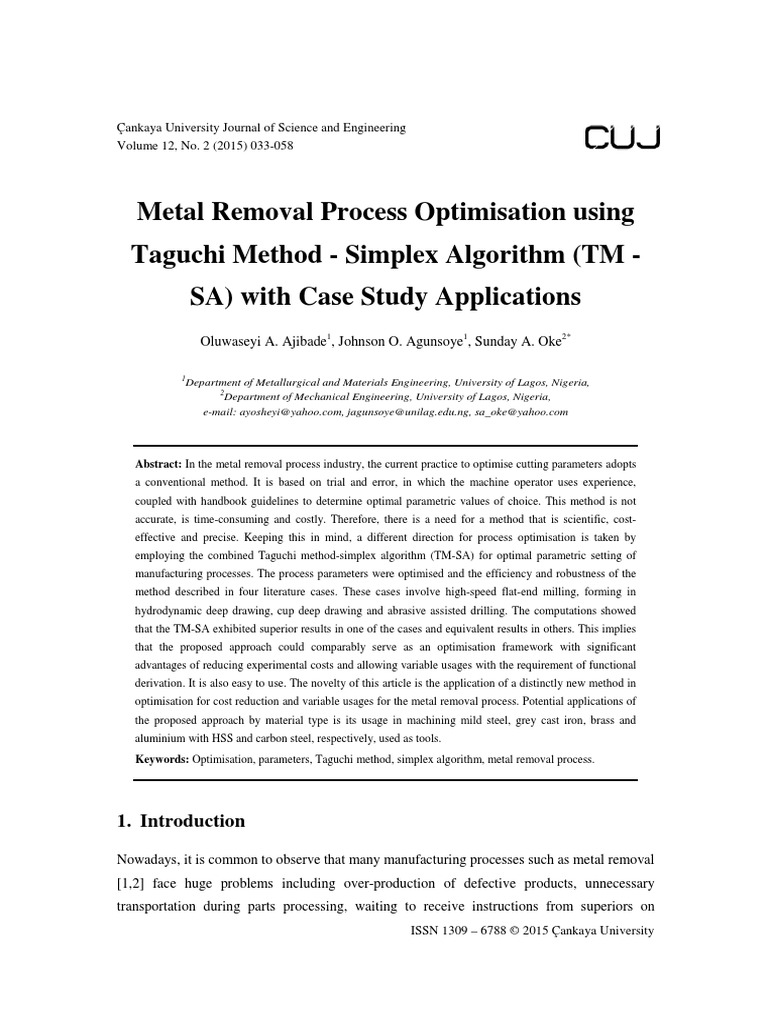 Metal Removal Process Optimisation Using Taguchi Method - Simplex ...