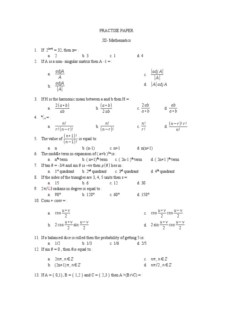Practise Paper (Xi) 2 | PDF | Complex Analysis | Elementary Mathematics