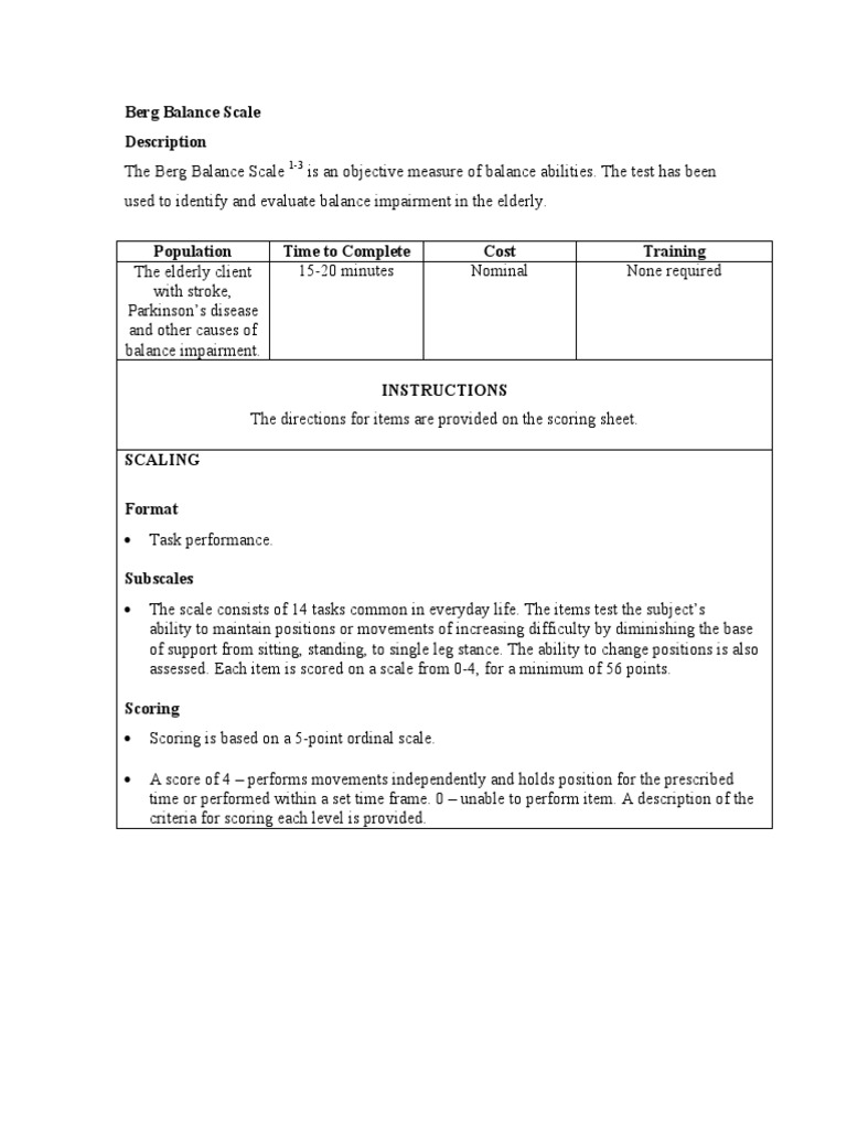 BERG Balance Scale PDF Tests Evaluation Methods