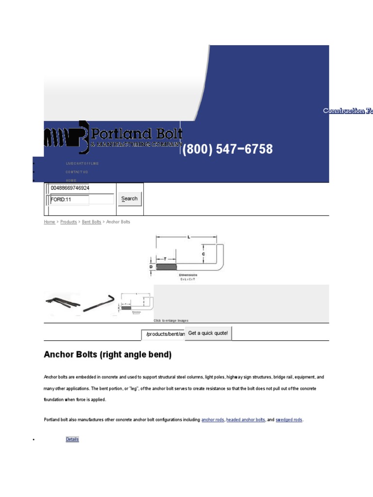 Anchor Bolts (Right Angle Bend) : 00488669746924 FORID:11 Search, PDF, Screw