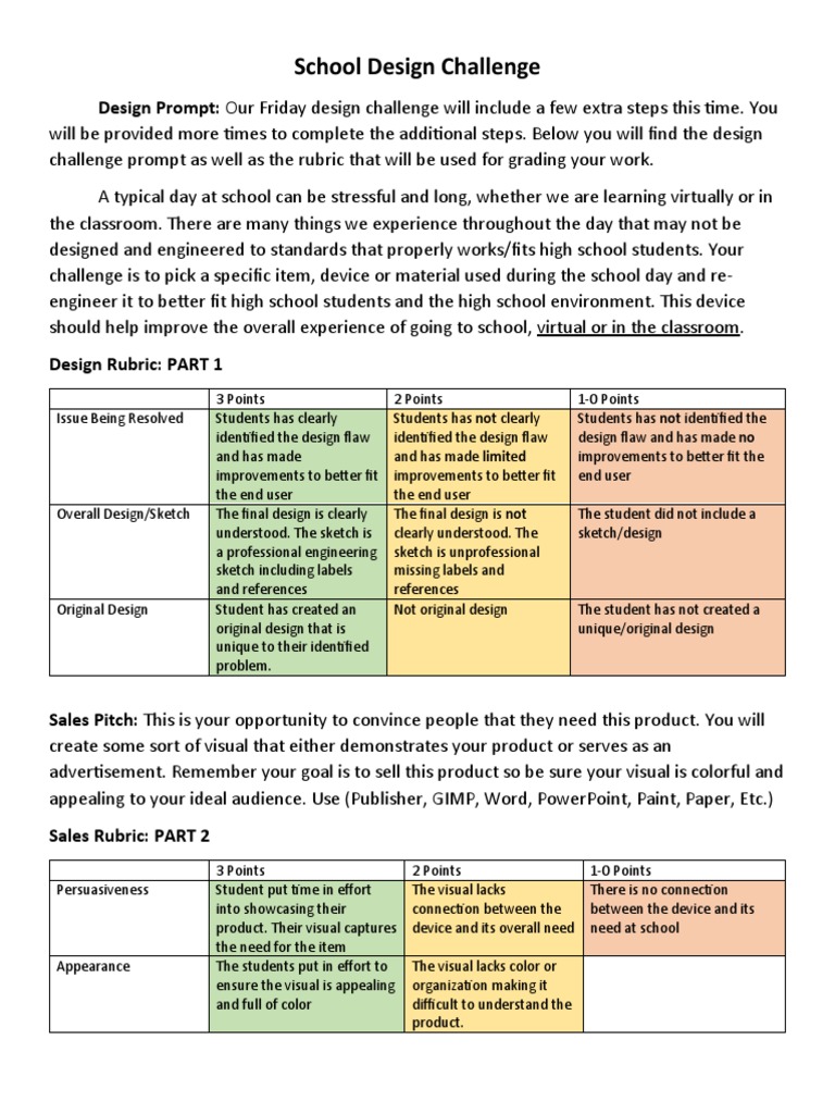 School Design Challenge PDF Rubric (Academic) Design