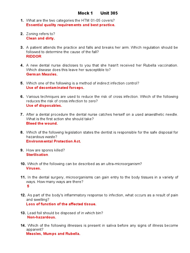305 Mock Testes With Answers Dental Nurse Diploma PDF Infection