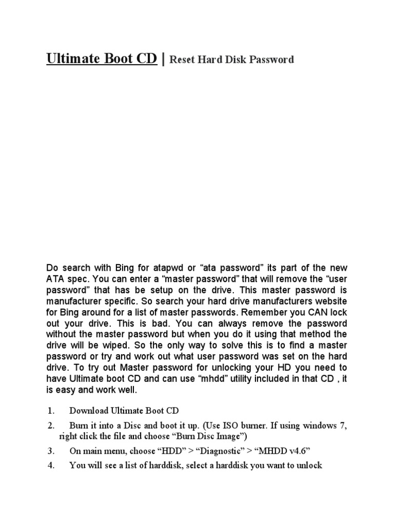 Ultimate Boot CD: Reset Hard Disk Password | PDF | Booting | Hard.