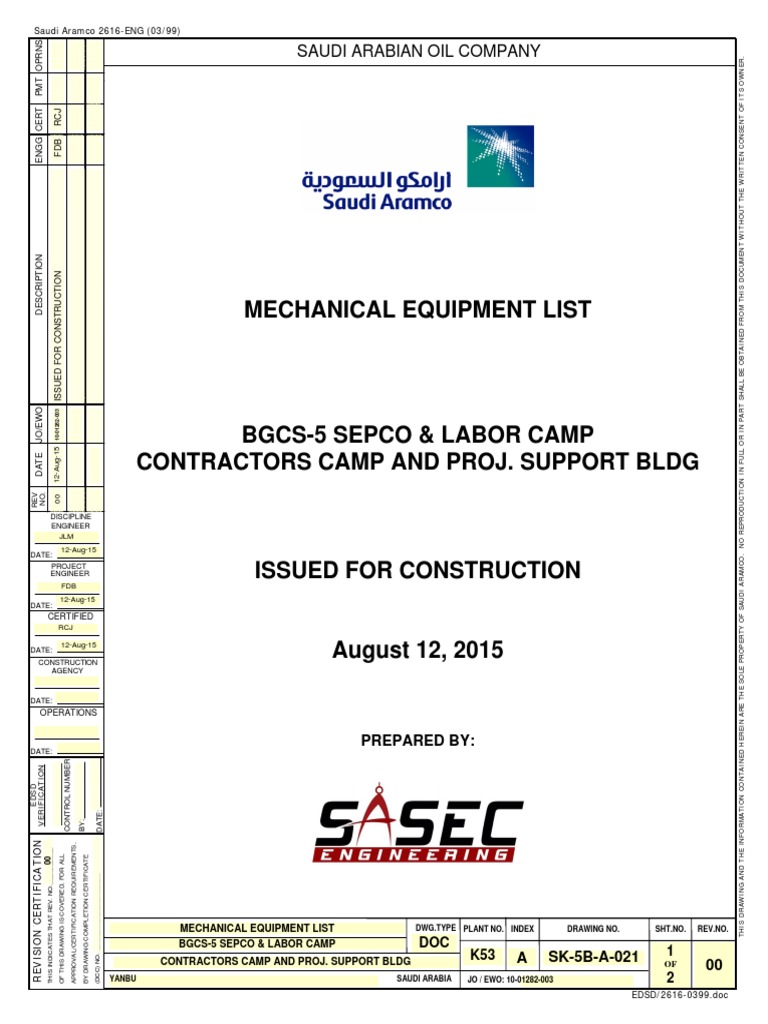 Mechanical Equipment List: Saudi Arabian Oil Company | PDF | Nature