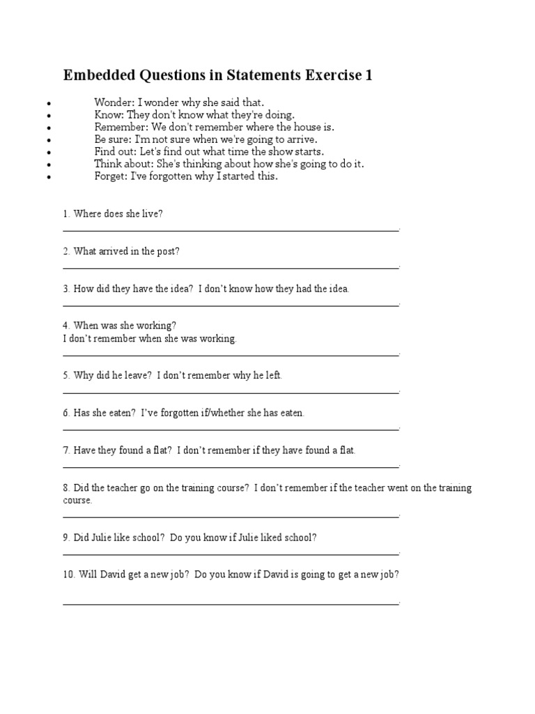 Embedded Questions in Statements Exercise 1 | PDF